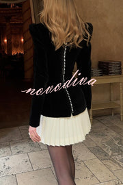 Netta Velvet Square Neck Long Sleeve Back Pearl Detail Pleated Mini Dress