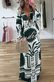 Holiday Fashion Unique Print Front Center Hollow Ring Long Sleeve Maxi Dress