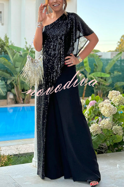 Party Favors Sequin One Shoulder Ruffle Detail Wide Leg Evening Jumpsuit