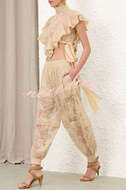 Ellie Lace Gathered Waist Pocket Button Ankle Cuffs Harem Pant