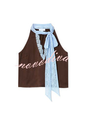 Sunday Social Contrast Color Satin Lace Trim Neck Strap Loose Tank