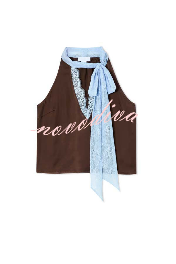Sunday Social Contrast Color Satin Lace Trim Neck Strap Loose Tank