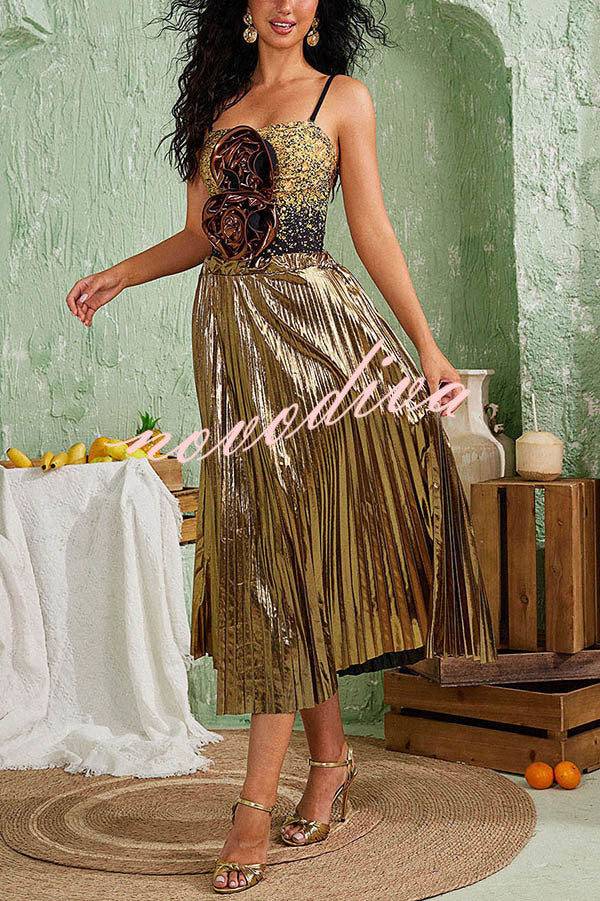 Fashion Metallic Fabric Elastic Waist Beach Midi Skirt