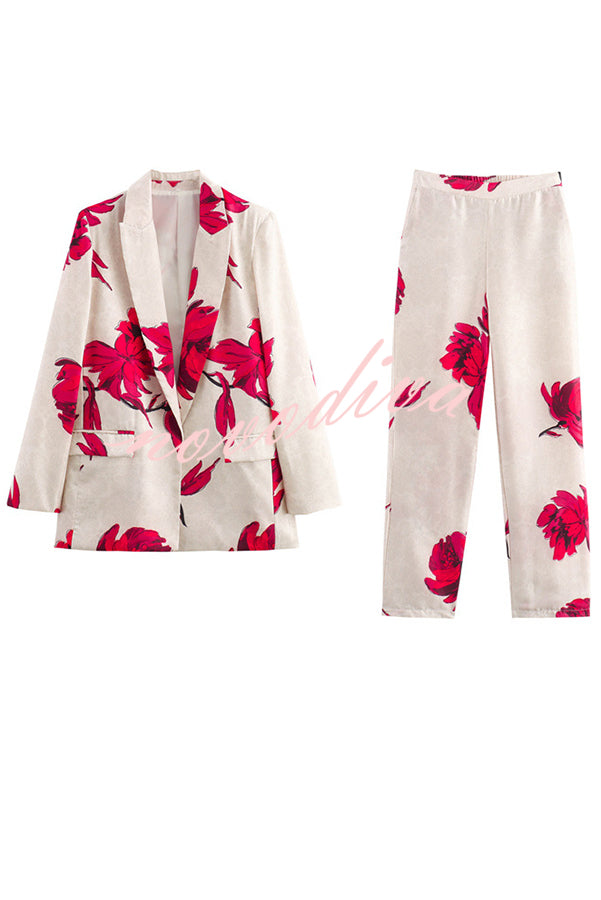 Special Attendance Satin Floral Print Long Sleeve Lapel Loose Blazer