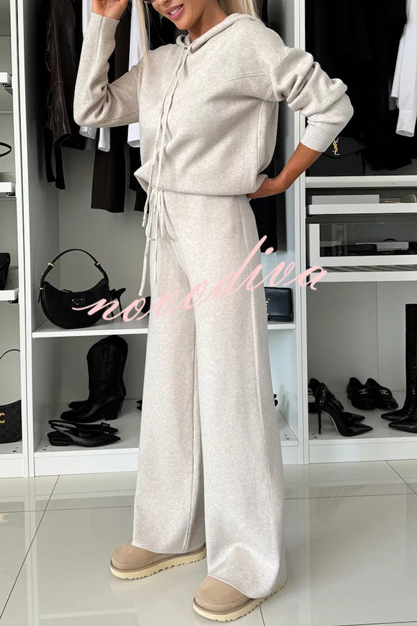 Solid Color Loose Hooded Tie Sweatshirt and Elastic Waist Casual Straight Pants Set