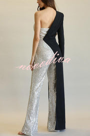 Fashionable Sequined Patchwork One-sided Long-sleeved Asymmetrical Jumpsuit