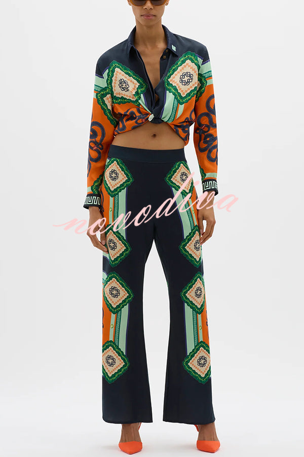 Vacation Times Satin Unique Print Elastic Waist Pocketed Wide Leg Pants