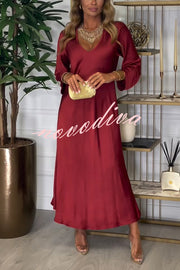 Solid Color V-neck Long-sleeved Loose Draped Maxi Dress