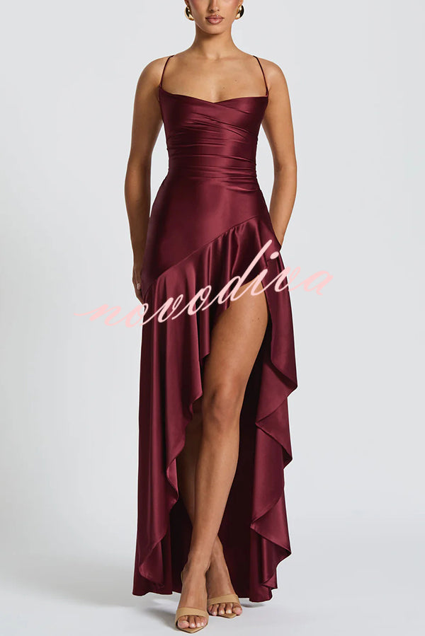 Solid Color Sexy Backless Lace-up Irregular Ruffled Maxi Dress