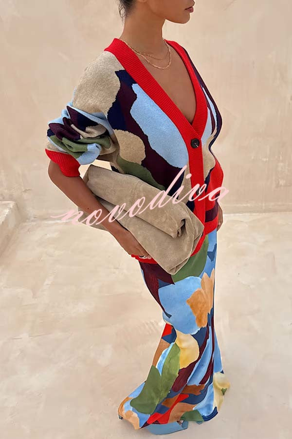 Bright and Bold Knit Abstract Color Blocks Button Long Sleeve Loose Cardigan