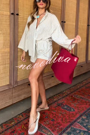 Effortless Chic Linen Blend Stripes Wide Sleeve Shirt and Elastic Waist Pocket Shorts Set