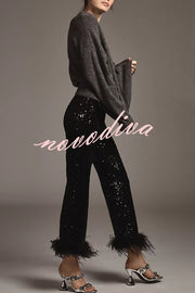 New Year Eve Sequin Feather Trim High Rise Back Zipper Flare Pants