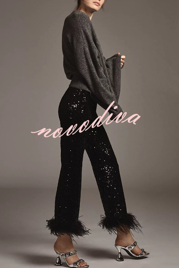 New Year Eve Sequin Feather Trim High Rise Back Zipper Flare Pants