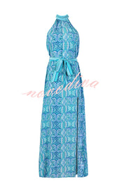 Unique Print Sexy Off-the-shoulder Waist Tie Slit Holiday Midi Dresses