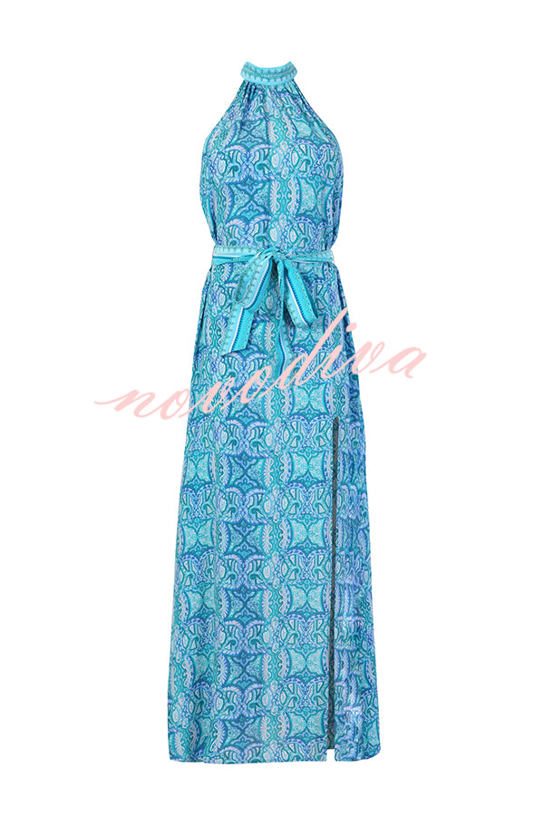Unique Print Sexy Off-the-shoulder Waist Tie Slit Holiday Midi Dresses