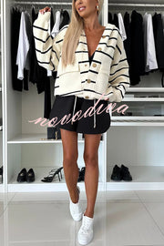 Fashion and Comfort Knit Striped Button Up Pocketed Loose Hooded Cardigan