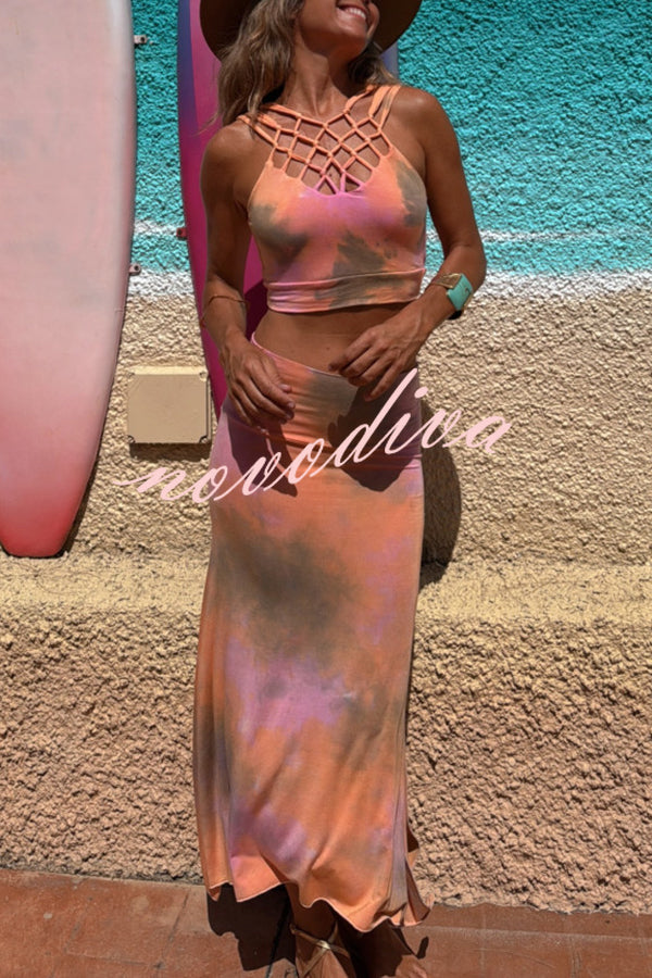 Boho Style Tie-dye Hollow Straps Neck Tank and High Rise Slit Stretch Maxi Skirt Set