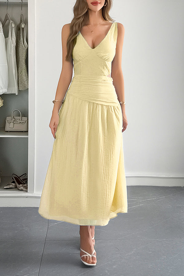 Solid Color V-neck Sleeveless Waist Hollow Out Maxi Dress