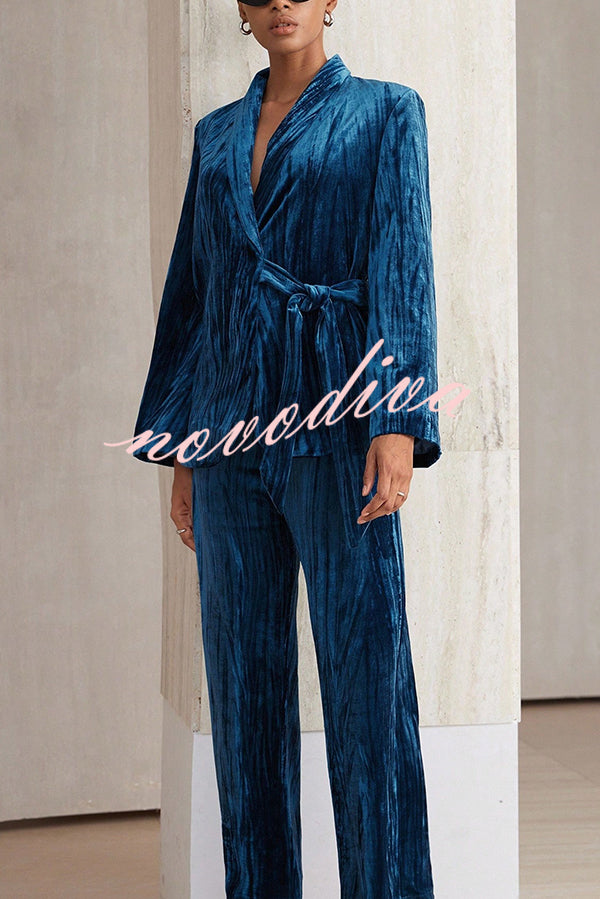 Solid Color Velvet Pleated Long-sleeved Tie Top and Casual Pocket Straight-leg Pants Set