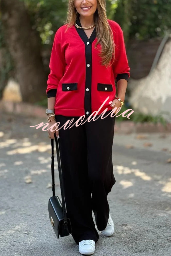 Stylish Color-blocked V-neck Knitted Button-down Cardigan and Elastic Waist Casual Wide-leg Pants Set