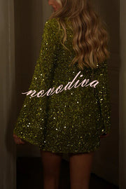 Dora Velvet Sequin High Neck Long Bell Sleeve H-line Mini Dress