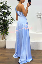Nasha Satin Pleated One Shoulder Petal Gemstone Detail Pocket Slit Maxi Dress
