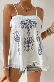 Ethnic Embroidered Adjustable Straps Fringed Top