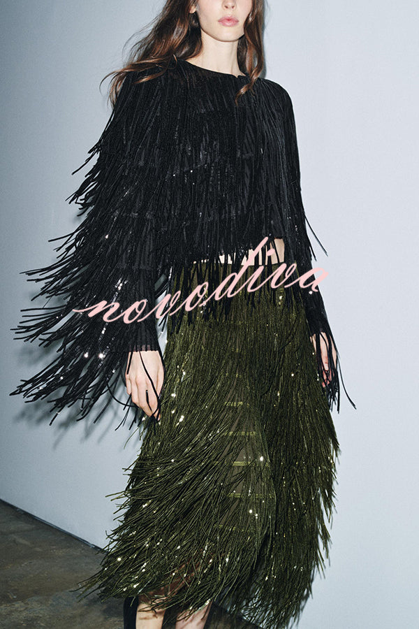 Stylish Sequined Tassel Elegant Midi Skirt
