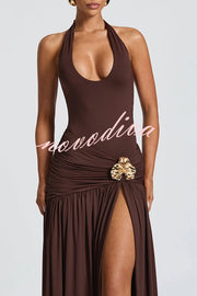 Solid Color Halter Neck Backless Slim Fit Pleated Slit Maxi Dress
