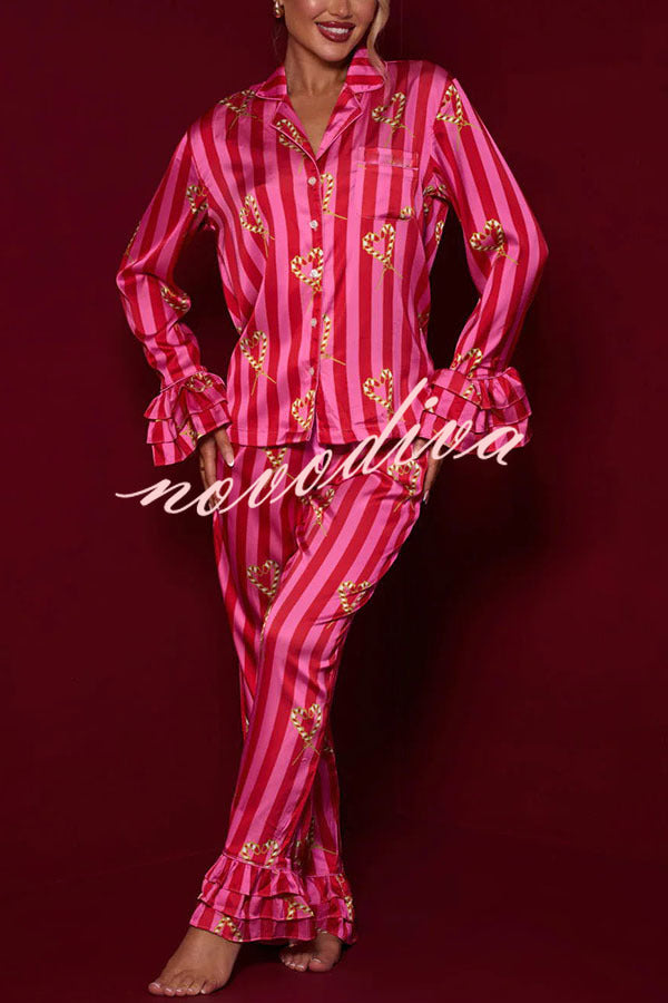 Festive Season Long Candy Stripe Tiered Bell Cuffs Elastic Waist Pocketed Pajama Set