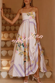 Botanical Print Square Neck Suspender Casual Full Hem Maxi Dress