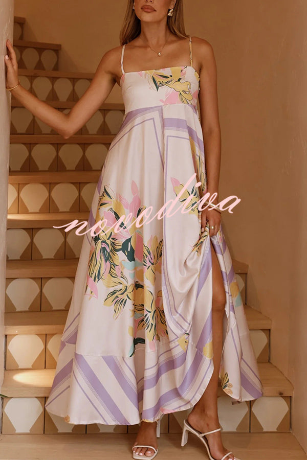 Botanical Print Square Neck Suspender Casual Full Hem Maxi Dress