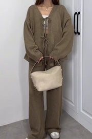 Solid Color V-neck Tie Long-sleeved Loose Knit Cardigan and Elastic Waist Casual Straight Leg Pants Set