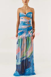 Colorful Ocean Mesh Printed Twist Cutout Off Shoulder Vacation Maxi Dress