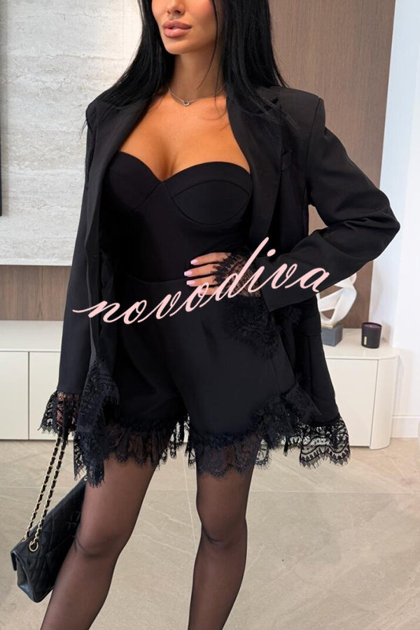 Amazing Items Lace Trim Button Up Long Sleeve Lapel Loose Blazer