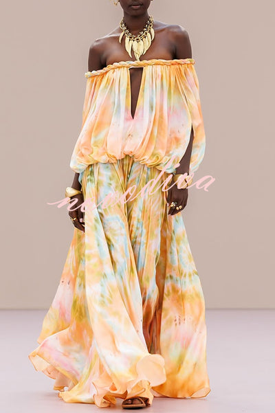Gorgeous 70s Dream Tie-dye Print Off Shoulder Braid Cutout Detail Drape Maxi Dress