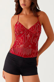 Dazzling Sequin Beaded Material Back Lace-up Loose Tank