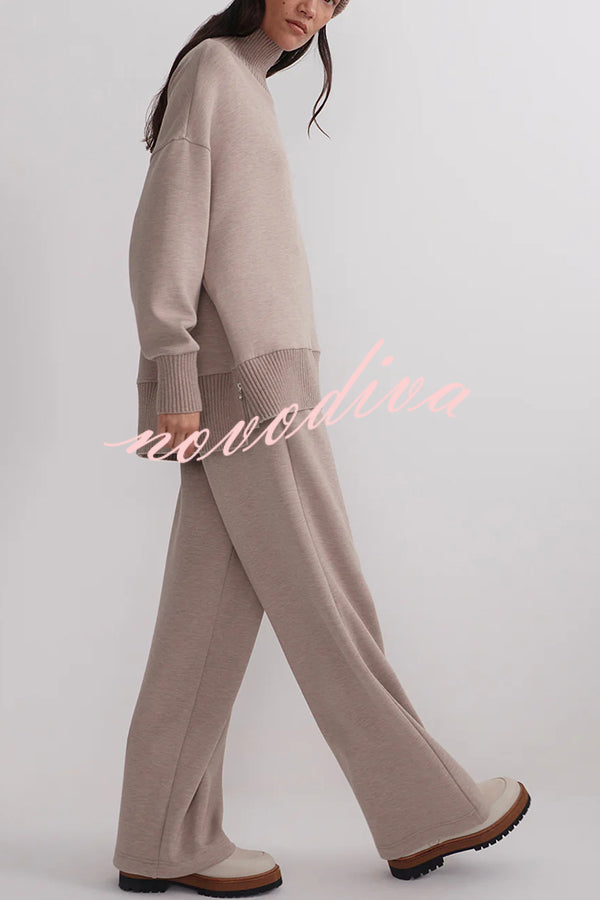 Berner High-Neck Long Sleeve Side Zipper Sweatshirt and Elastic Waist Pocketed Loose Pants Set