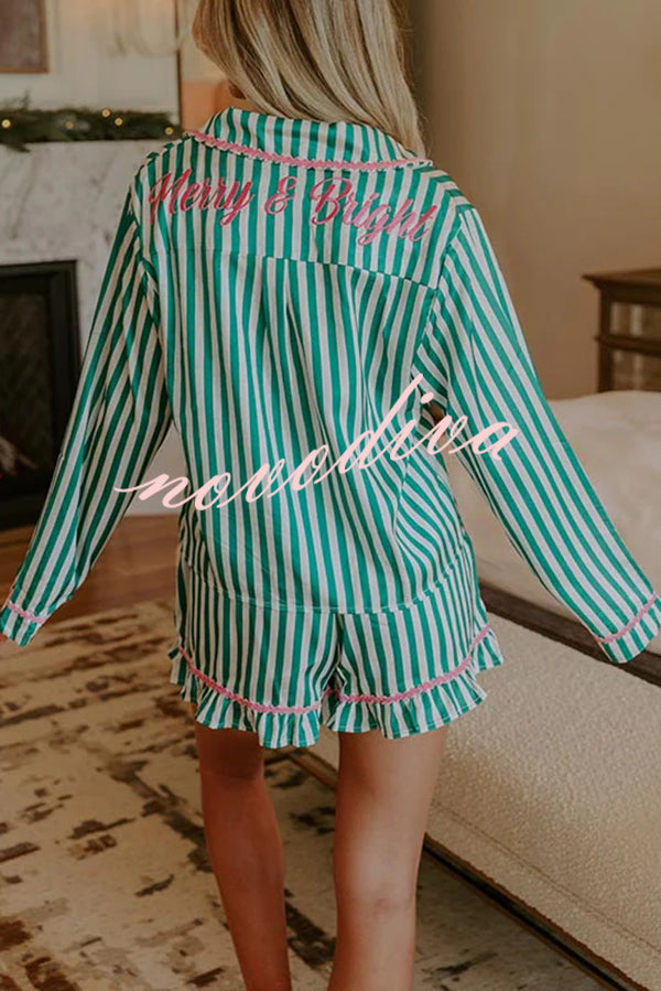 Merry and Bright Satin Striped Color-block Trim Loose Shirt and Elastic Waist Pocket Pajama Set