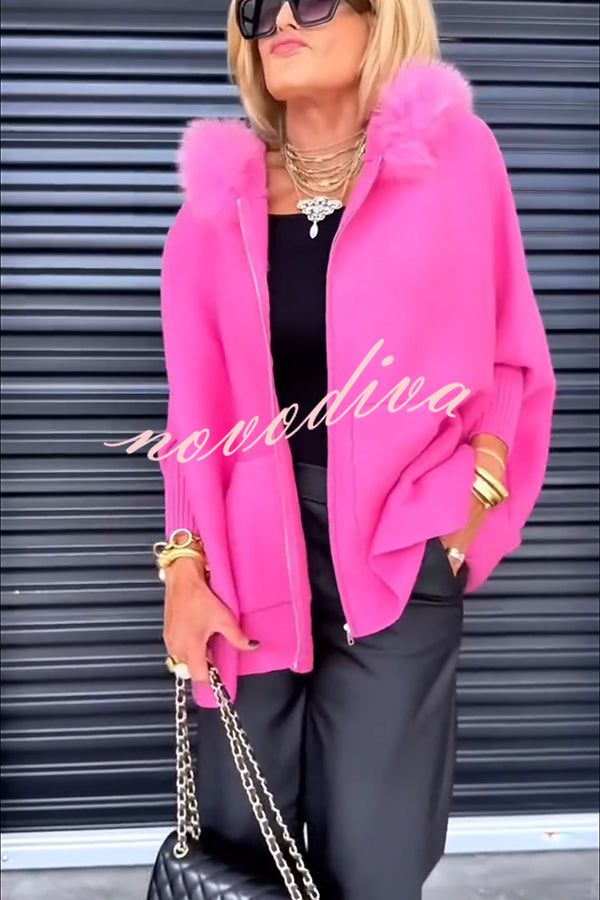 Warm Call Knit Long Sleeve Zipper Plush Hooded Pocket Loose Cardigan