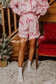 Candy Cane Kisses Satin Printed Elastic Waist Pocket Pajama Shorts Set