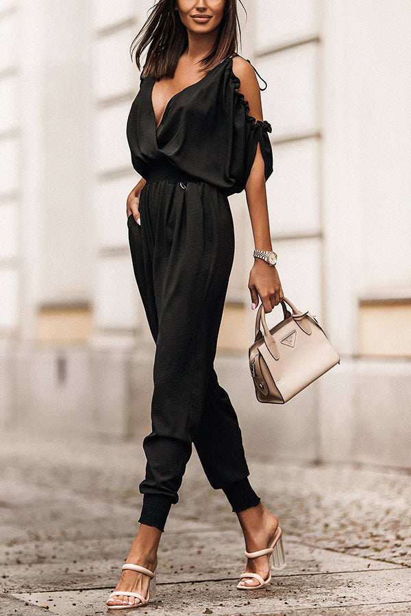 Wonderful Ideas Ruffle Cold Shoulder Jumpsuit