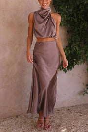 Such A Vibe High Neck Satin Drape Maxi Party Skirt Set