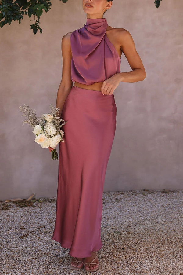 Such A Vibe High Neck Satin Drape Maxi Party Skirt Set