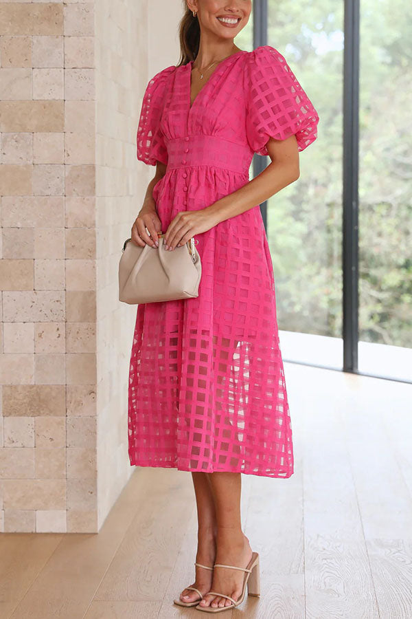 Remarkable Beauty Square Patterned Fabric Puff Sleeve Party Midi Dress