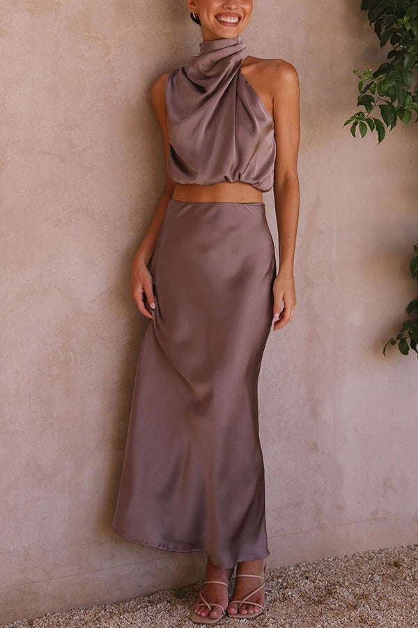 Such A Vibe High Neck Satin Drape Maxi Party Skirt Set