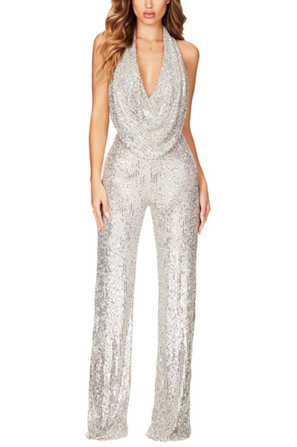 Shimmering Halter Style Drape Neck Wide Leg Jumpsuit