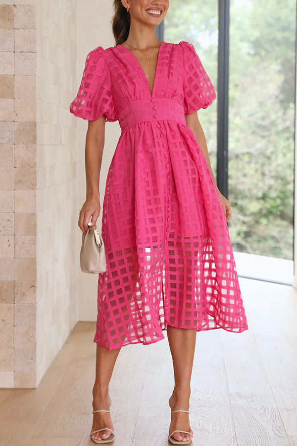 Remarkable Beauty Square Patterned Fabric Puff Sleeve Party Midi Dress