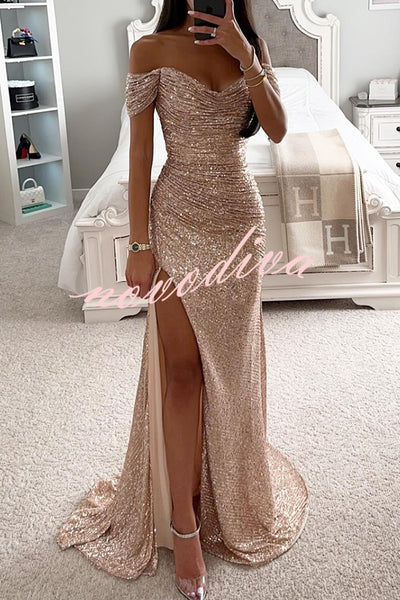 Diamond World Sequin Off Shoulder Ruched Slit Evening Party Maxi Dress