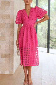 Remarkable Beauty Square Patterned Fabric Puff Sleeve Party Midi Dress